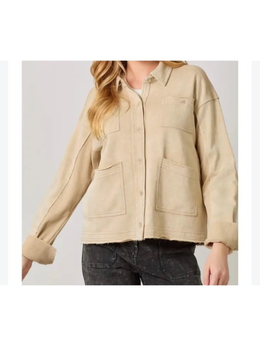 Mystree Womens Sz M Washed Beige Terry Shacket With Button-Down Front